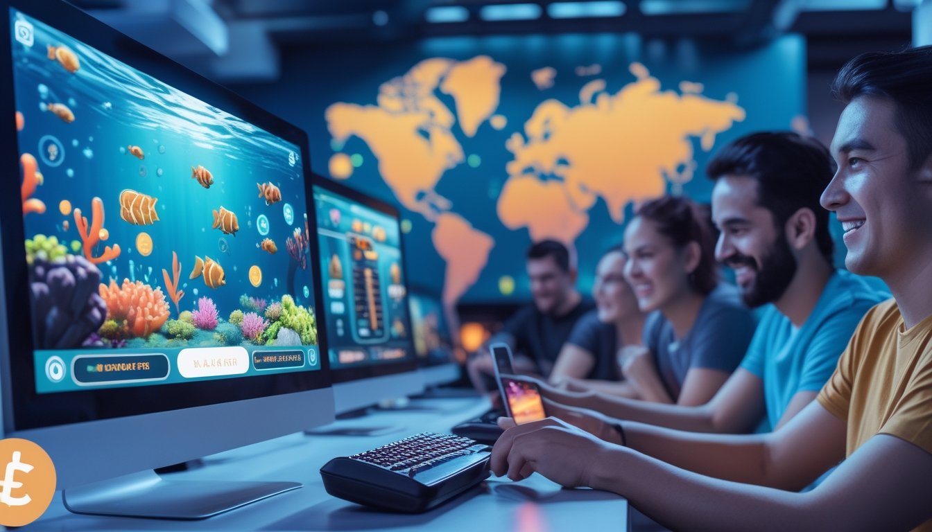 Sekelompok orang dewasa memainkan permainan menembak ikan 2D di komputer dan ponsel dalam ruang permainan modern.