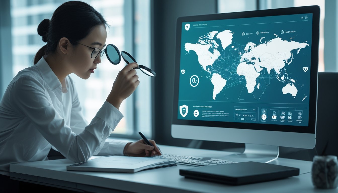 Seorang profesional menilai keamanan dan kredibilitas platform digital melalui komputer dan data jaringan.