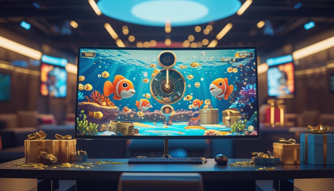 Monitor menampilkan permainan tembak ikan 2D berwarna-warni di ruang permainan modern dengan koin emas dan dekorasi perayaan.