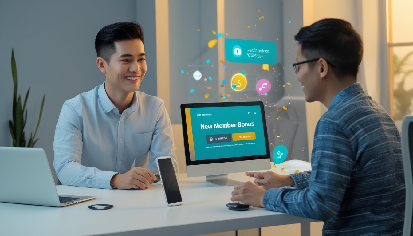 Seorang pengguna dewasa meninjau hadiah sambutan anggota baru di meja kerja dengan laptop, ponsel, dan elemen permainan ikan 2D.