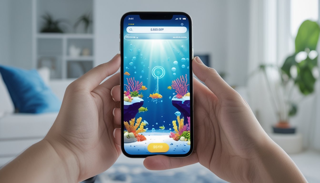 Seseorang memainkan permainan tembak ikan bawah laut di ponsel dengan simbol hadiah digital.