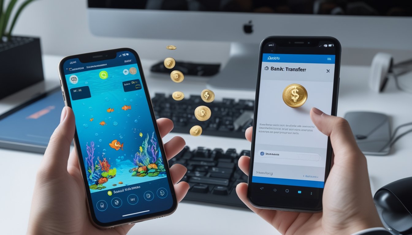 Seseorang memainkan permainan tembak ikan 2D di ponsel dengan tampilan saldo dan transfer dana ke rekening.