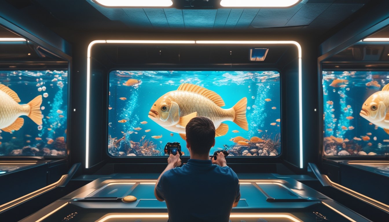 Pemain arcade membidik ikan besar berwarna emas di layar permainan bawah laut dengan efek koin berkilauan di sekelilingnya.