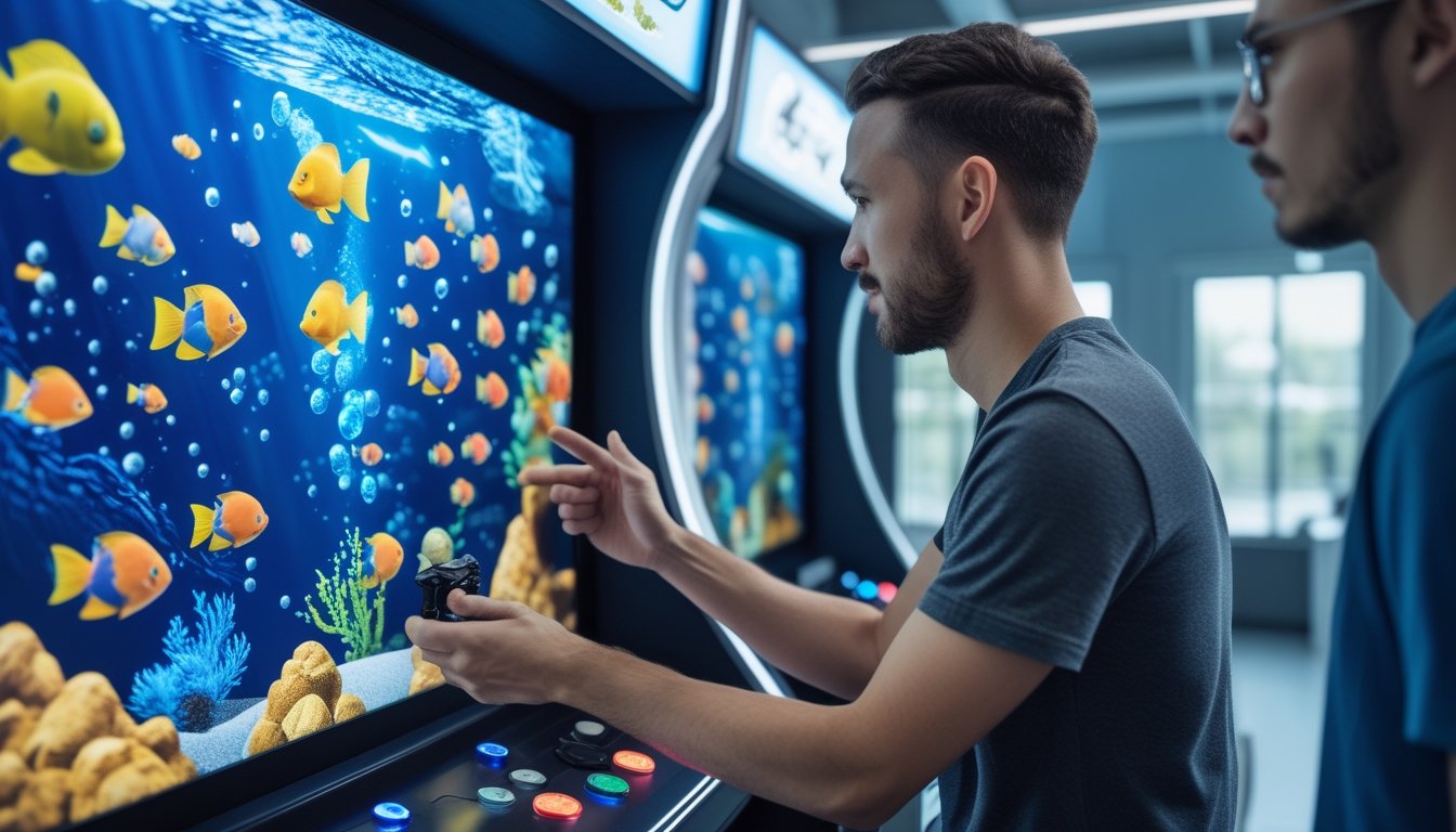 Seorang pemain mempelajari permainan tembak ikan di mesin arcade bersama pendamping yang menjelaskan strategi.