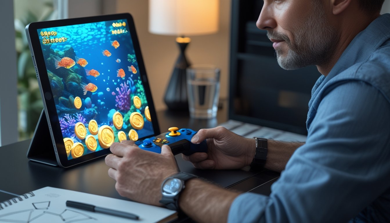 Seorang pemain menggunakan tablet untuk memainkan permainan menembak ikan dengan tampilan ikan laut dan koin emas.