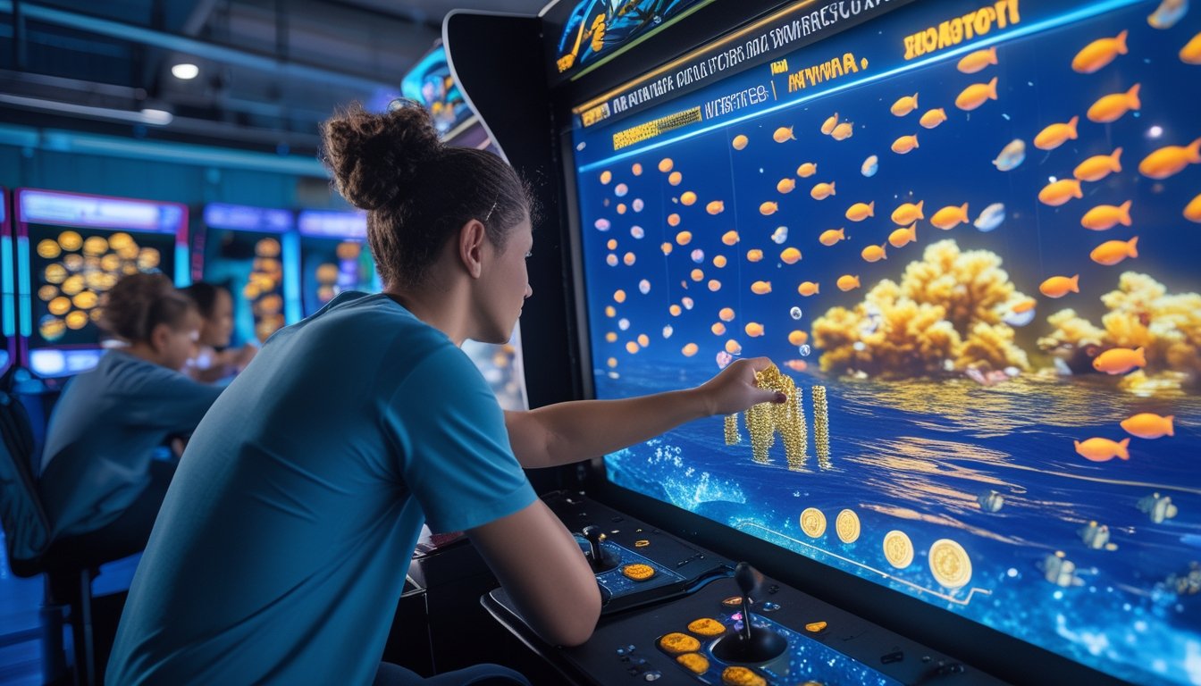 Seorang pemain fokus memainkan permainan arcade bertema bawah laut dengan membidik ikan-ikan kecil.
