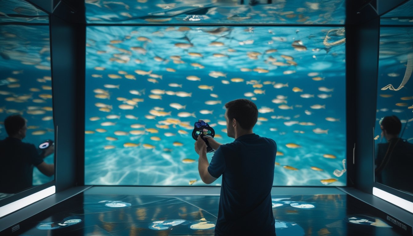 Seorang pemain mengarahkan alat permainan ke kelompok ikan kecil pada layar bawah air digital dengan efek kemenangan.