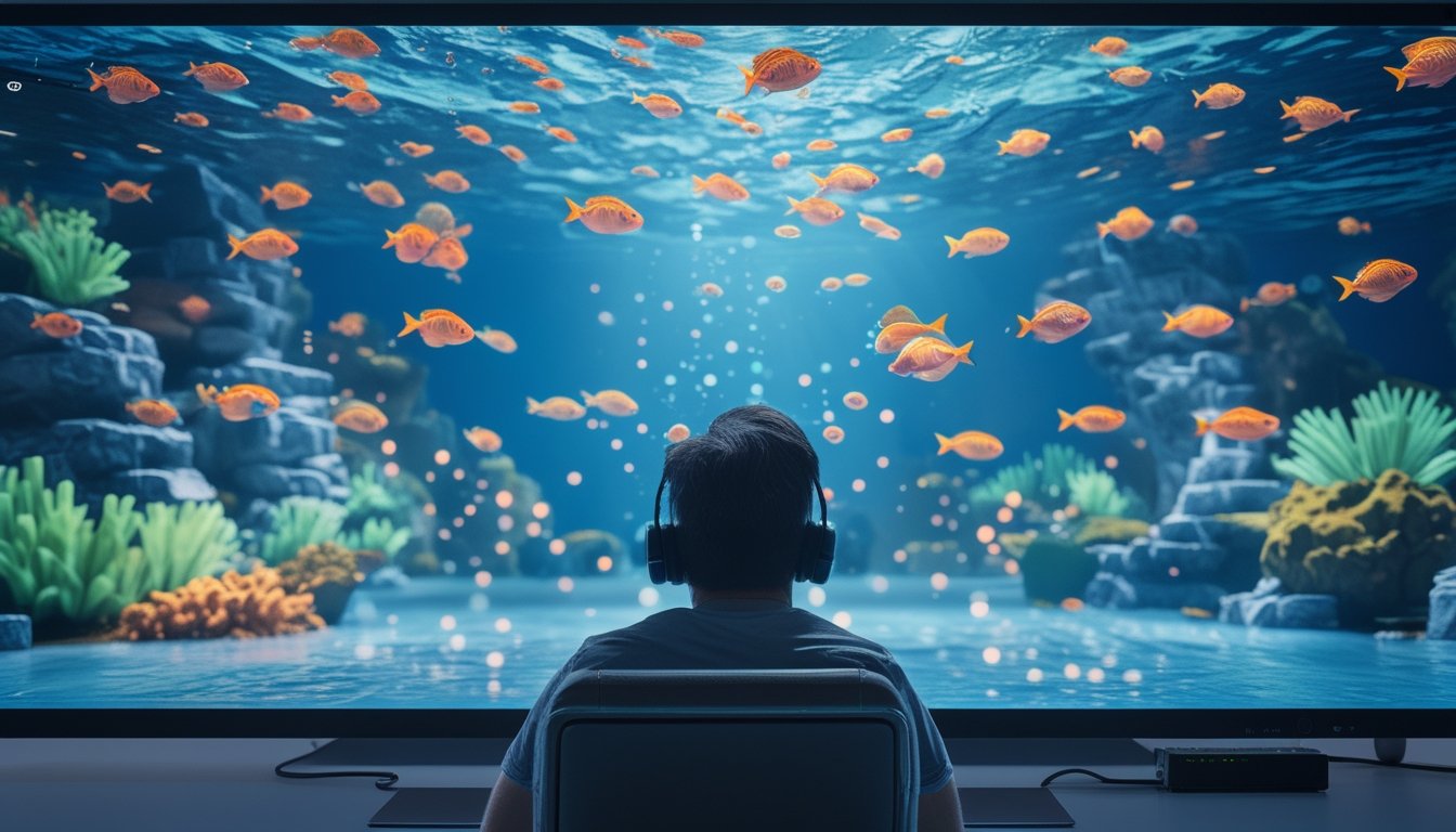 Seseorang menganalisis permainan menembak ikan virtual di layar komputer dengan latar bawah laut berwarna-warni.