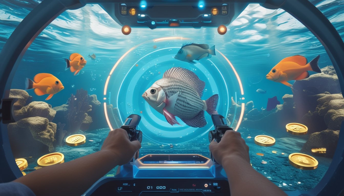 Pemandangan bawah laut dengan ikan spadefish sebagai target utama, ikan tropis lain, terumbu karang, gelembung, dan token bonus bercahaya.