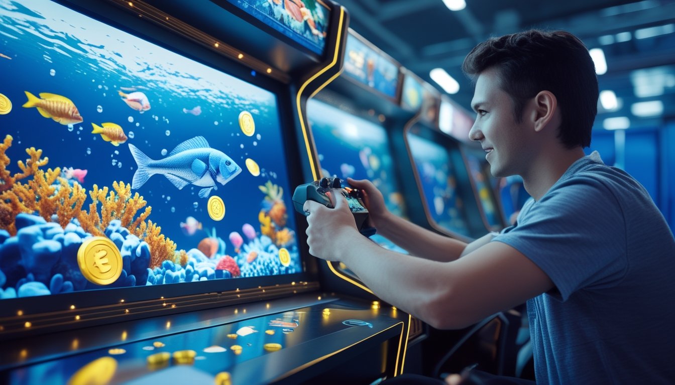 Seorang pemula bermain permainan tembak ikan di mesin arcade dengan latar bawah laut dan ikan besar.
