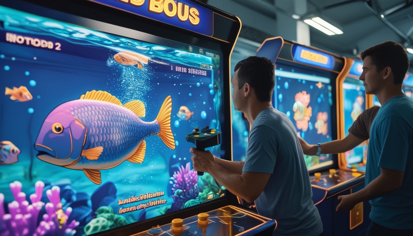 Seorang pemula memainkan permainan arcade bertema laut dengan membidik ikan besar di layar.