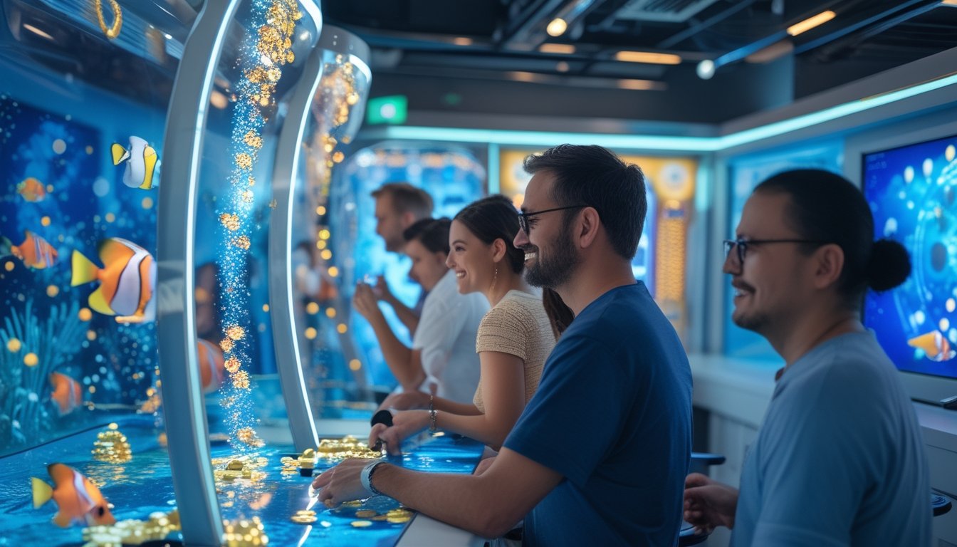 Orang dewasa bermain permainan arcade bertema bawah laut dengan ikan warna-warni dan token bercahaya.
