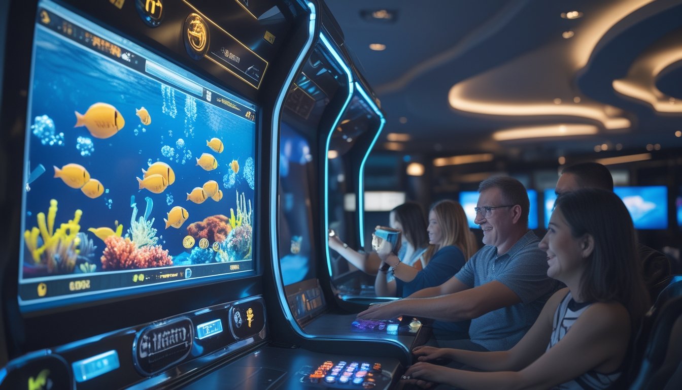Orang dewasa bermain permainan tembak ikan digital di ruang arcade modern dengan nuansa bawah laut.