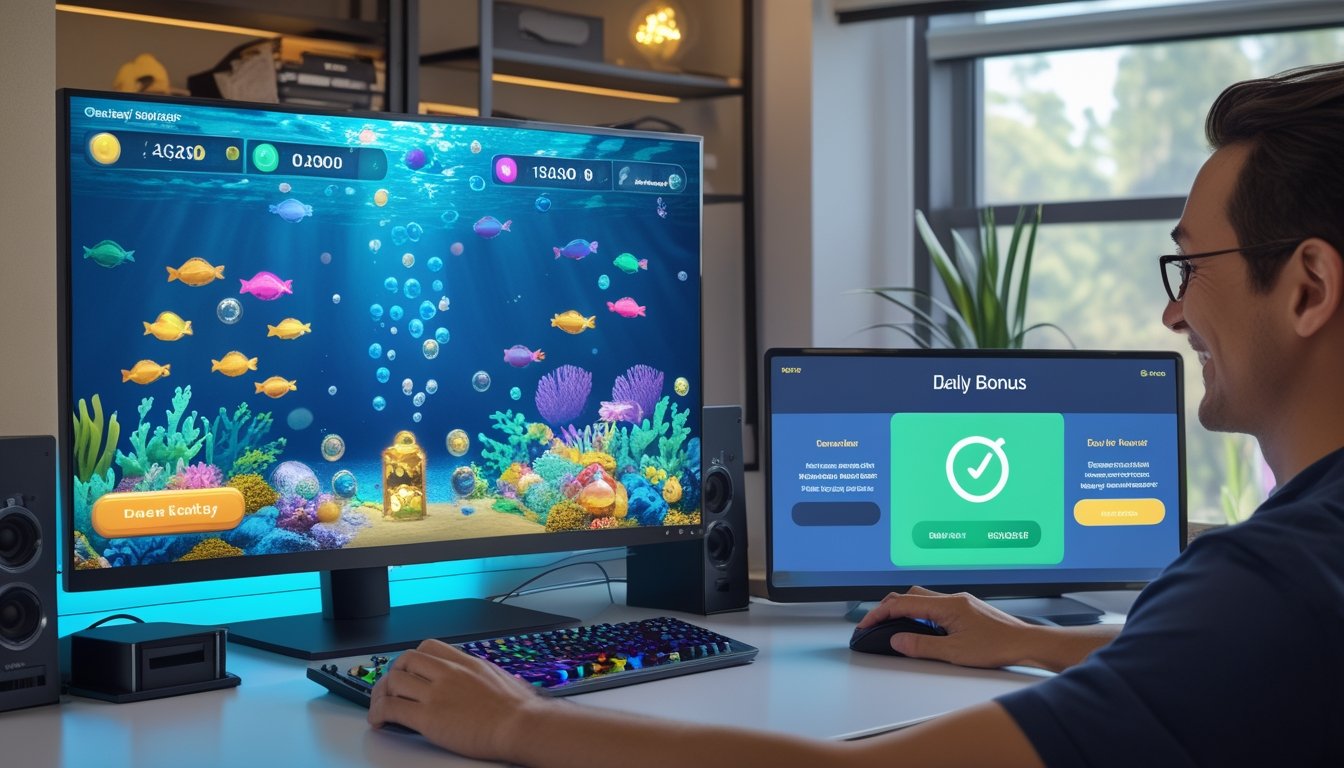 Seseorang memainkan permainan tembak ikan di komputer dengan ponsel yang menampilkan hadiah digital.