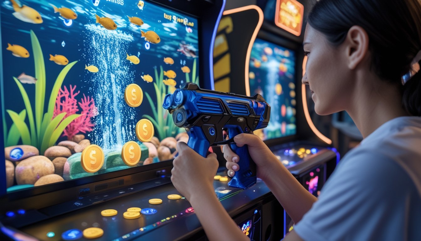 Tangan pemain mengoperasikan permainan tembak ikan di arena permainan dengan tampilan ikan laut berwarna-warni dan ikon hadiah.