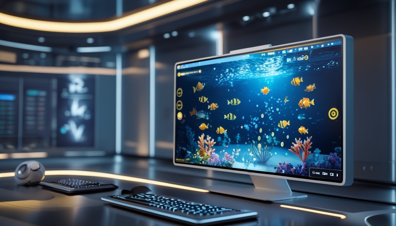 Monitor menampilkan permainan menembak ikan bertema laut di ruang gaming modern dengan pengontrol permainan di latar depan.