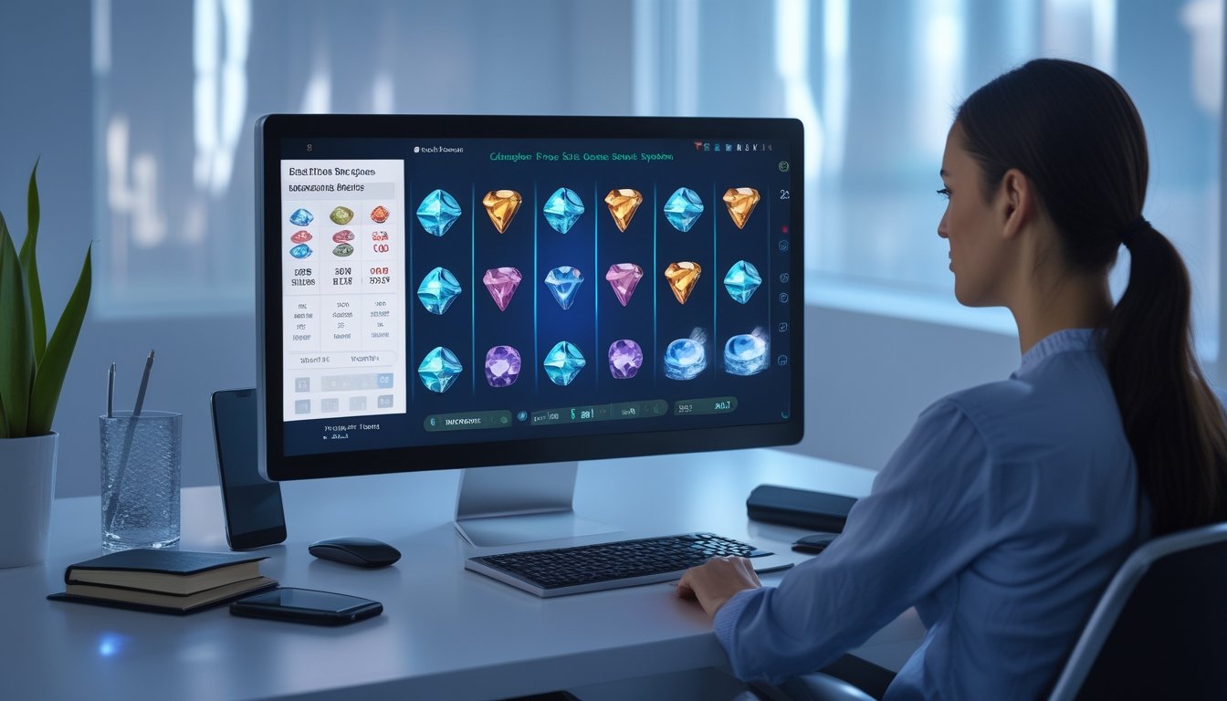 Seseorang mempelajari permainan slot digital dengan simbol warna-warni, notebook, kalkulator, dan ponsel di meja.