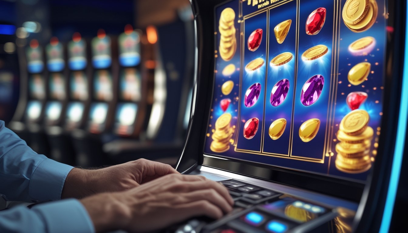 Pemain sedang fokus memainkan mesin slot dengan simbol-simbol berkelompok dan koin emas yang berkilauan.