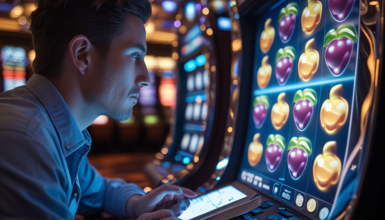 Pemain mempelajari pola simbol pada mesin slot digital dengan efek kemenangan berantai.
