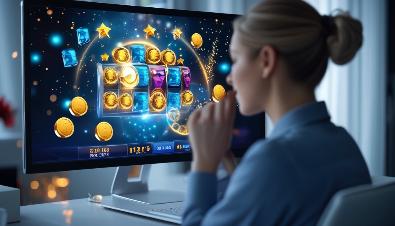 Seseorang memainkan permainan slot digital dengan efek bonus dan simbol berkelompok di layar monitor.