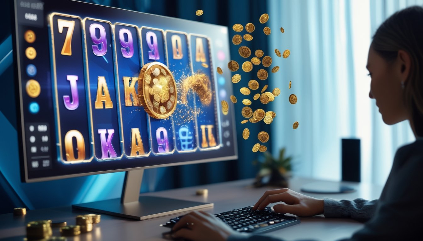 Pemain melihat layar permainan slot dengan simbol berkelompok, kemenangan beruntun, dan efek visual putaran gratis.