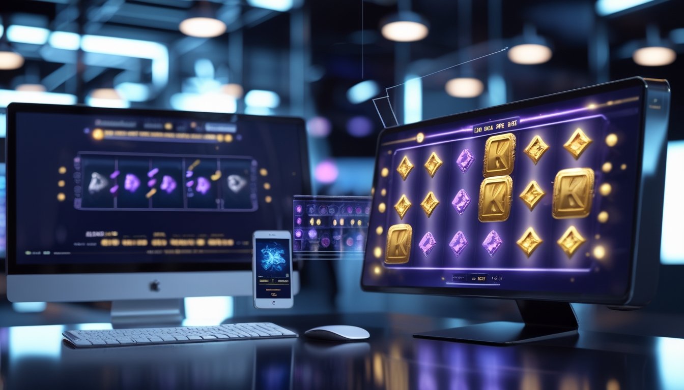 Layar komputer dan ponsel menampilkan permainan slot digital dengan simbol berjatuhan dan kelompok simbol bercahaya.