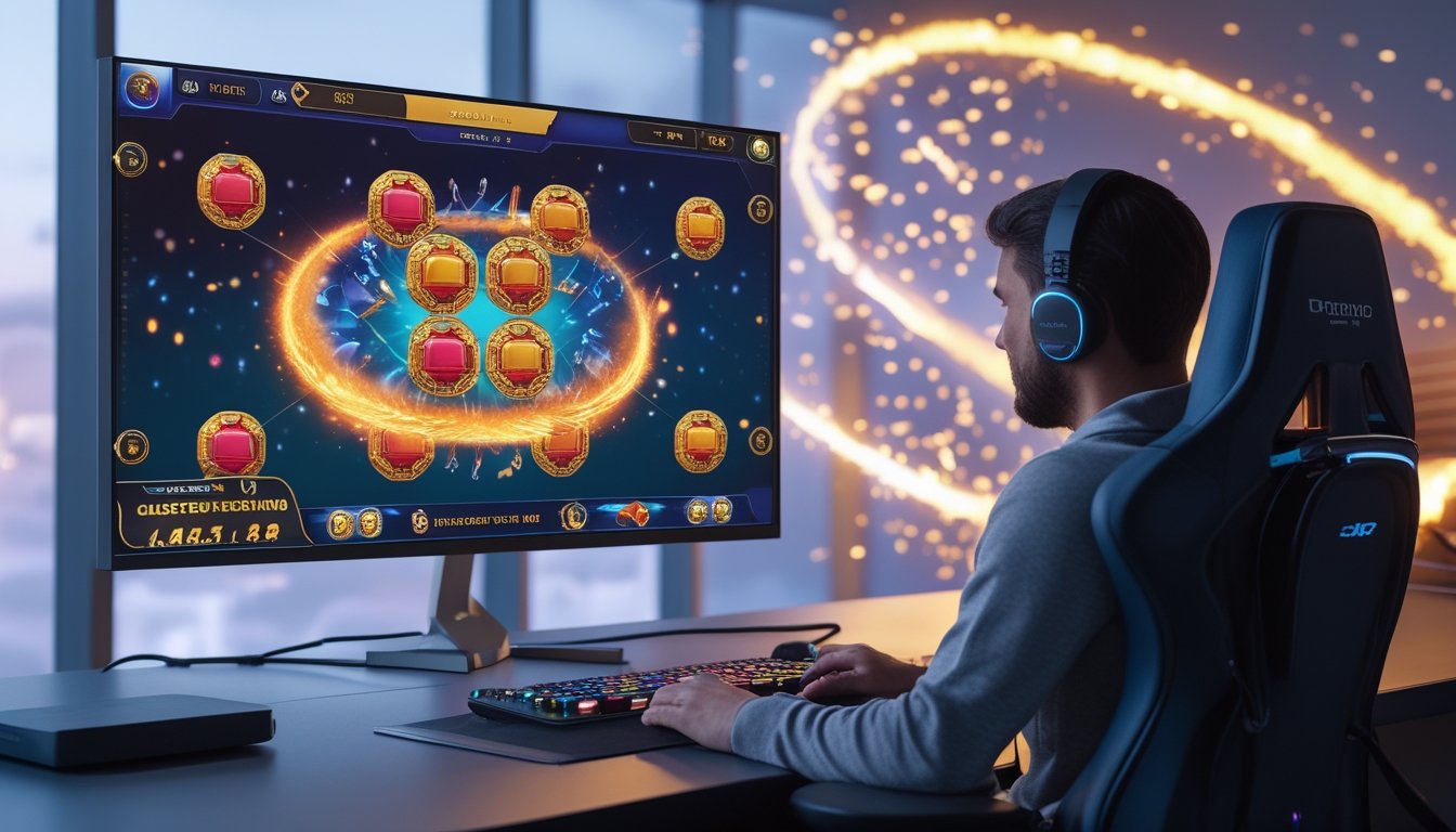 Pemain melihat layar permainan digital dengan simbol-simbol berkelompok dan efek bonus bercahaya.