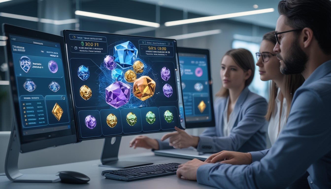Tim profesional meninjau antarmuka permainan slot digital modern pada monitor dan ponsel di kantor teknologi.