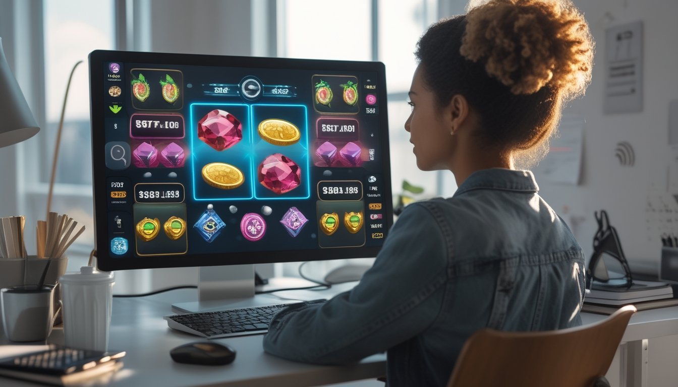 Orang dewasa memainkan permainan slot online tanpa garis pembayaran di laptop, dengan simbol permainan dan catatan anggaran di meja.