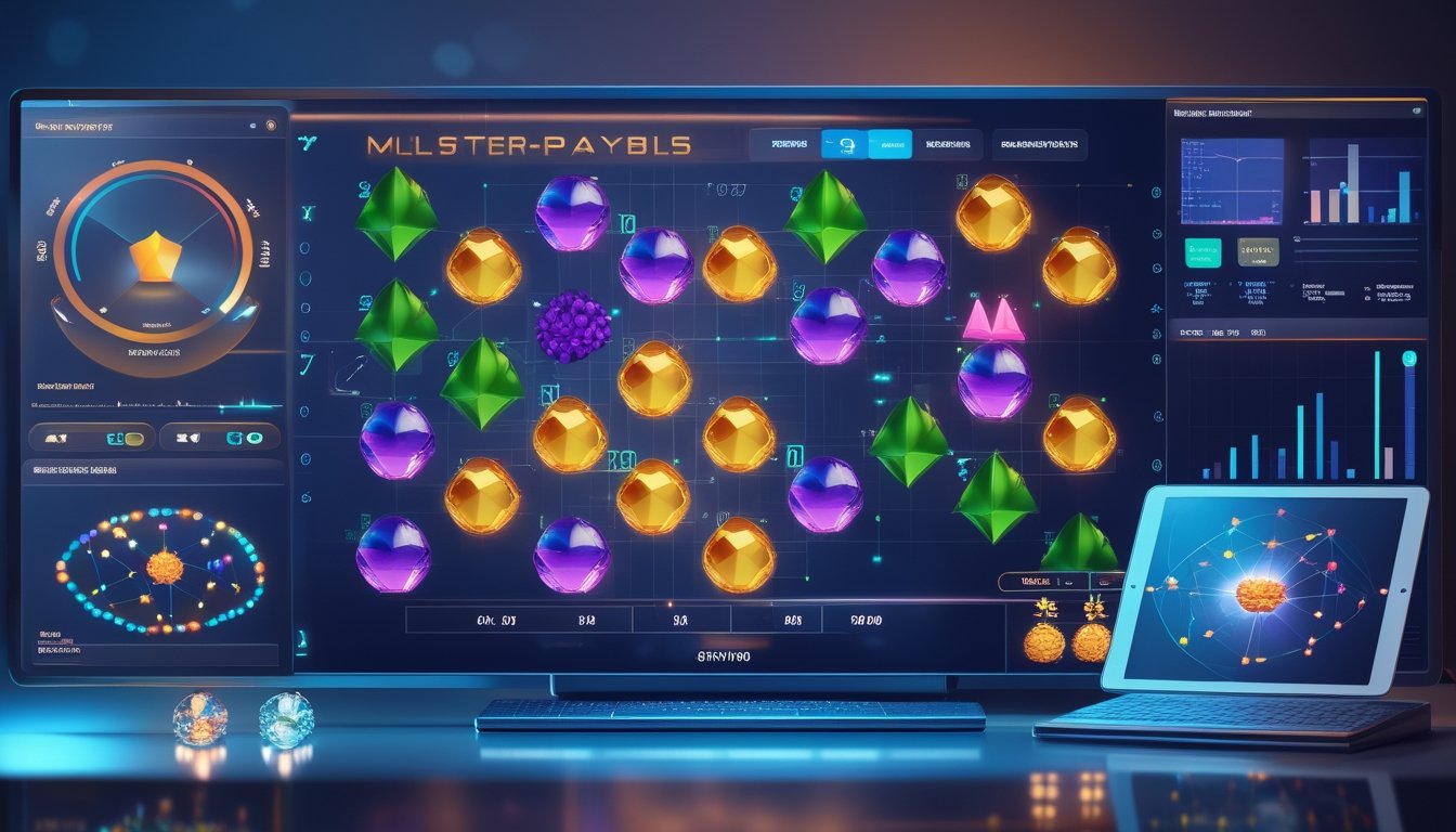 Monitor menampilkan grid simbol permainan dengan kelompok simbol bercahaya dan pengali kemenangan, dikelilingi grafik analisis digital.