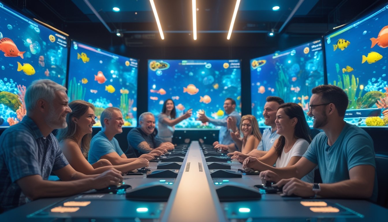 Sekelompok teman bermain gim menembak ikan secara multiplayer di ruang hiburan modern.