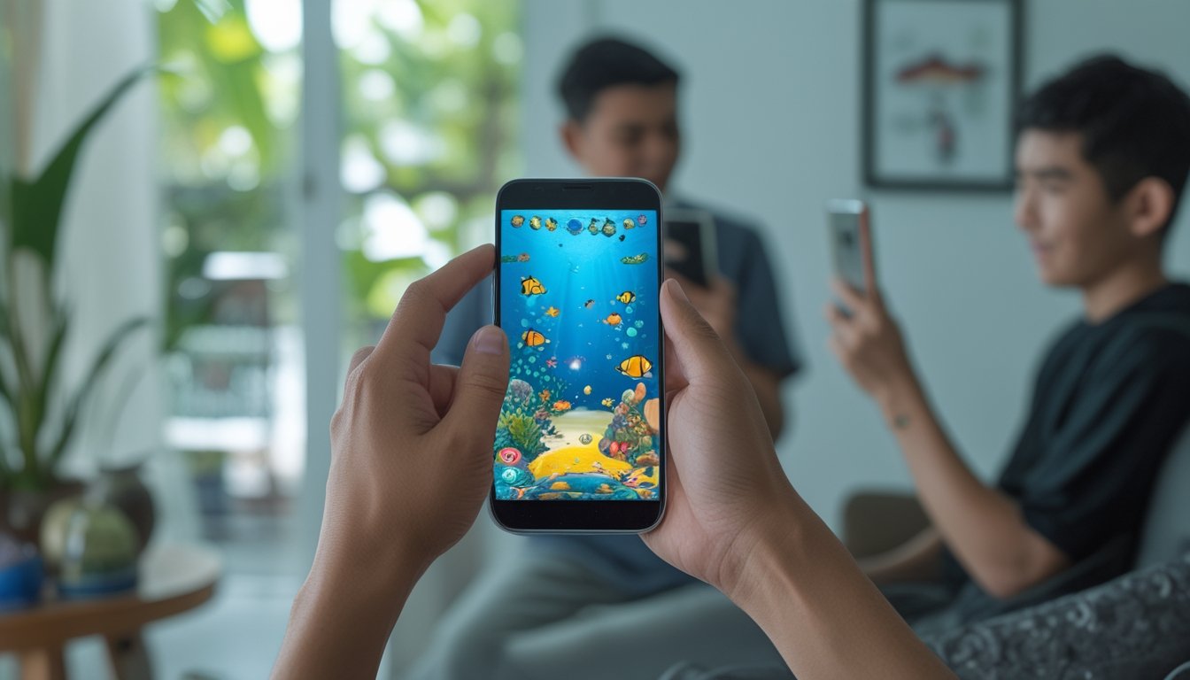 Dua pemain menggunakan ponsel untuk bermain gim menembak ikan multipemain dengan latar bawah laut berwarna-warni.