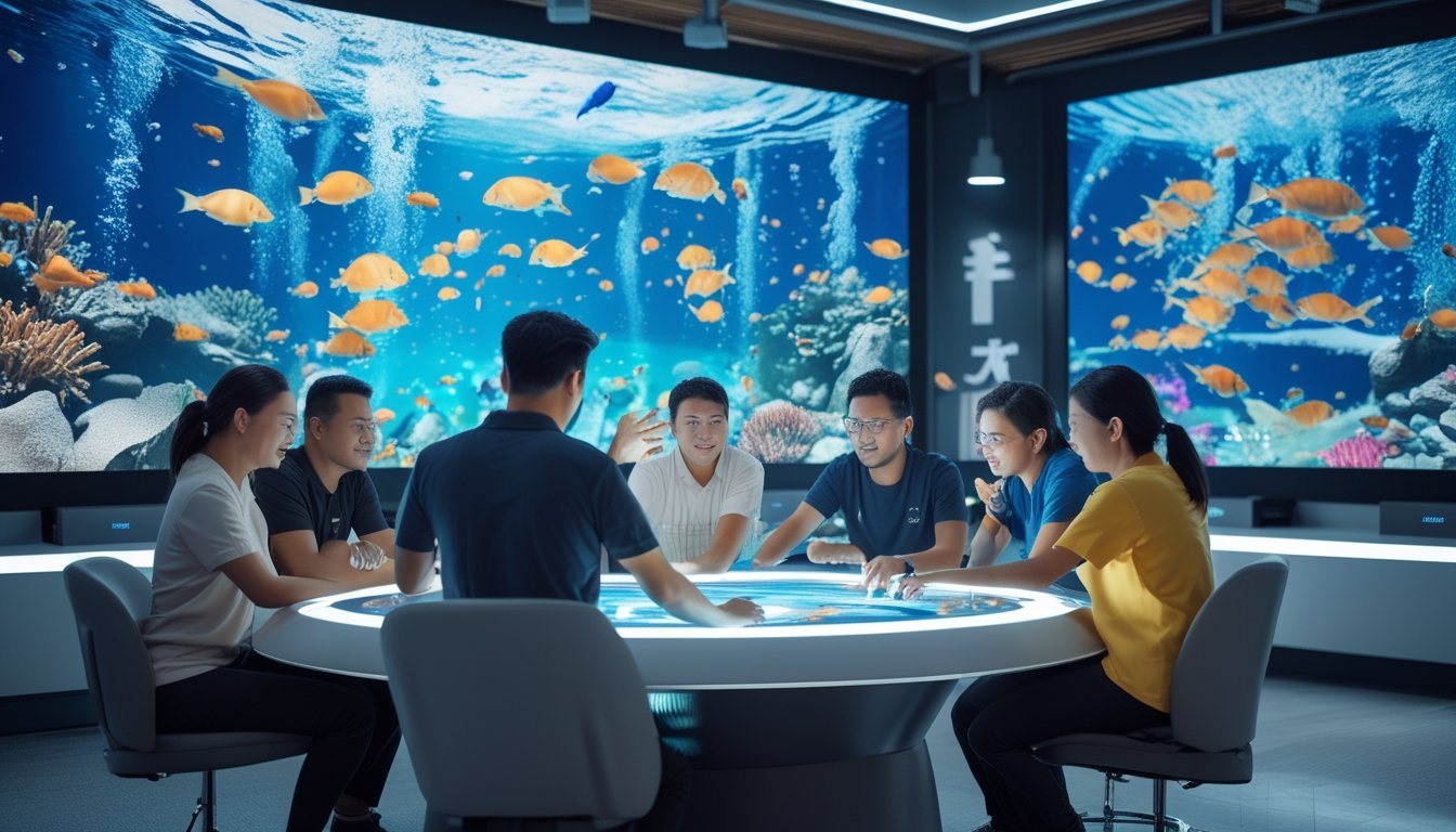 Sekelompok orang dewasa bermain game menembak ikan multiplayer bertema bawah laut sambil bekerja sama.