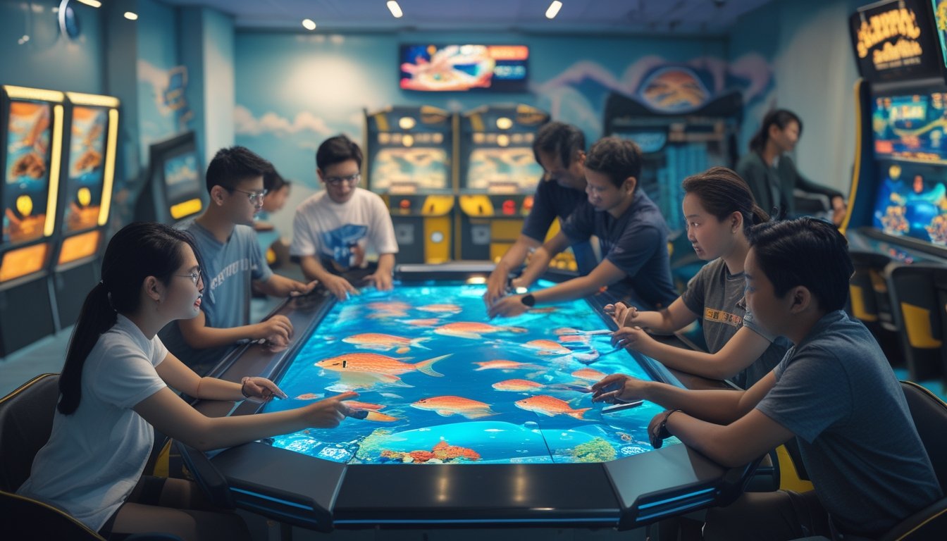 Sekelompok pemain dewasa bekerja sama memainkan permainan tembak ikan multiplayer di sebuah meja arkade.