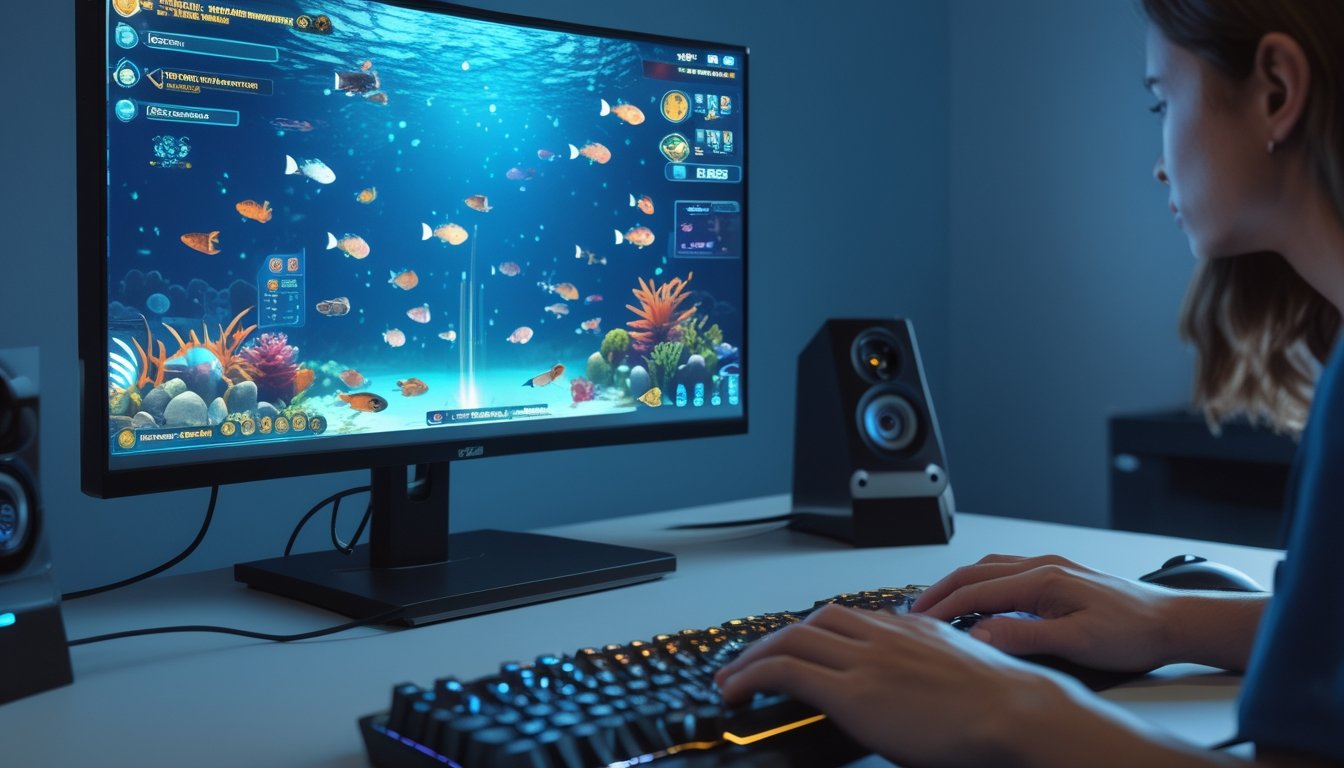 Pemain mengatur strategi dan membidik ikan dalam permainan menembak ikan multipemain di komputer.