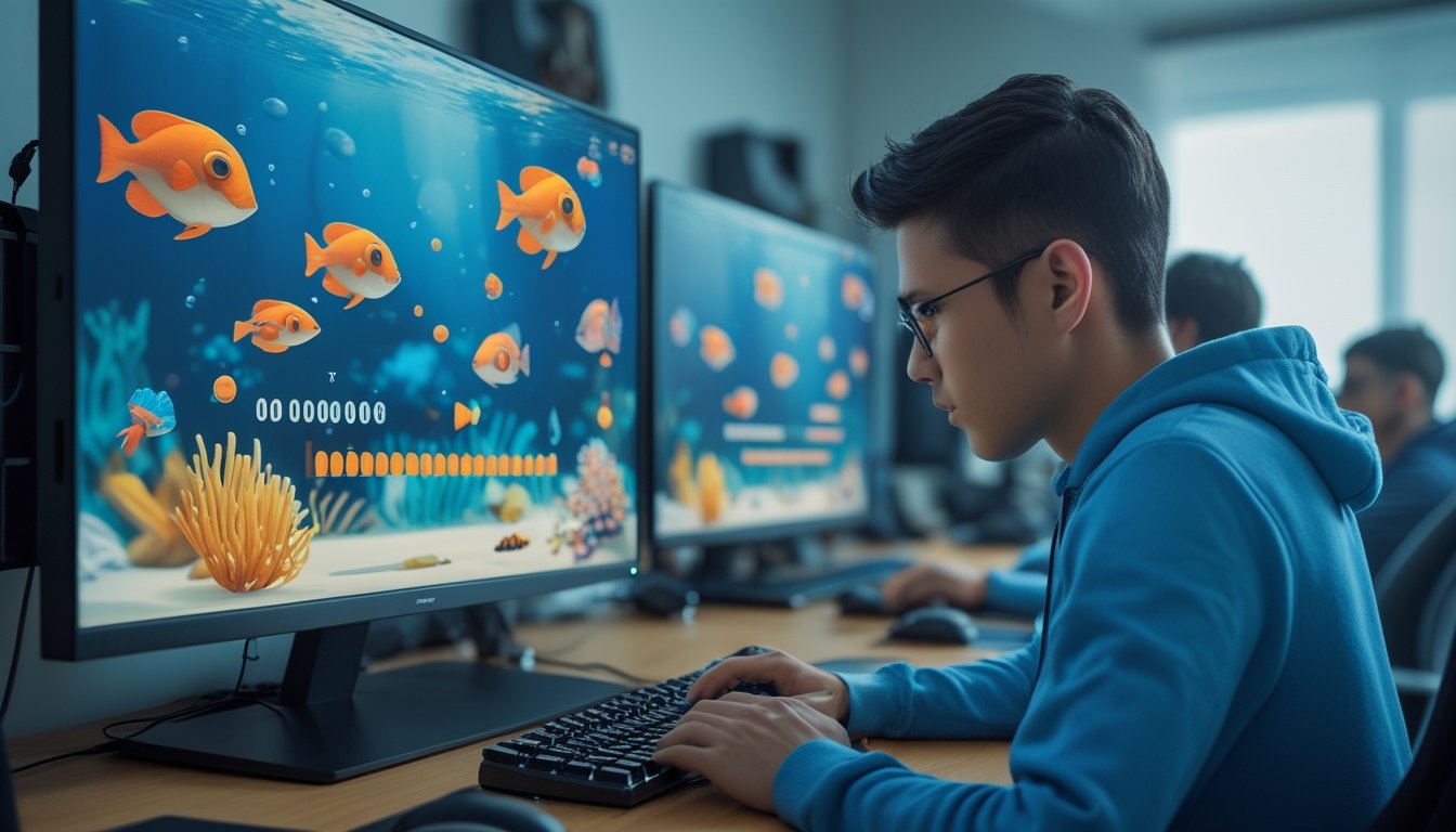 Pemain mengatur tembakan secara strategis dalam permainan ikan bawah laut multipemain.