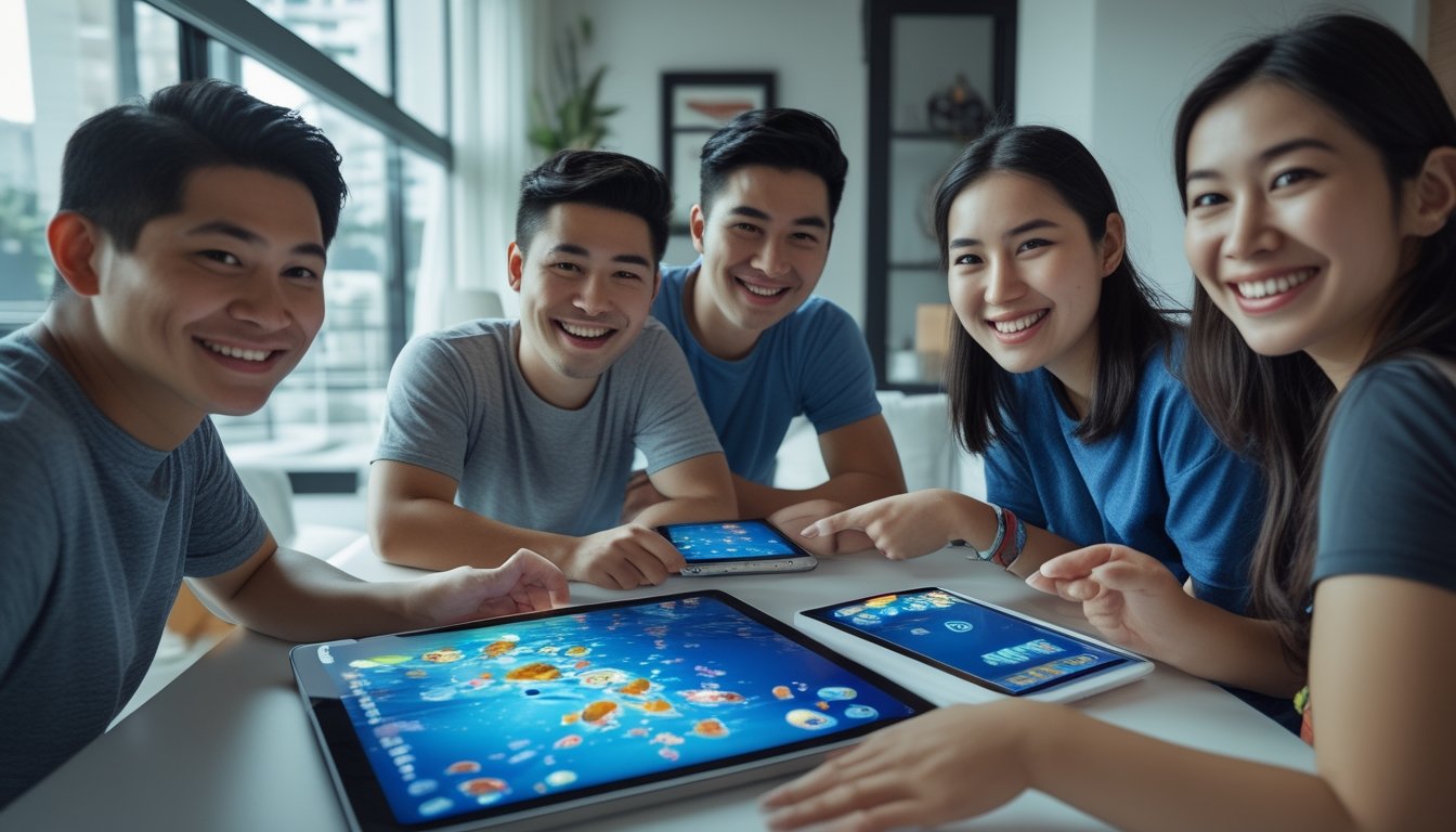 Empat teman bermain game memancing online bersama di ruang permainan dengan ponsel dan tablet.