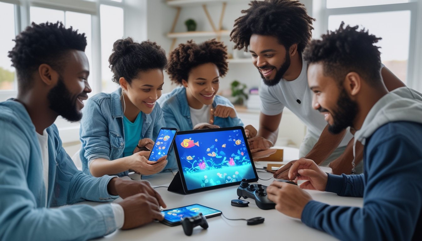 Sekelompok teman menyiapkan perangkat untuk bermain game memancing online bersama.