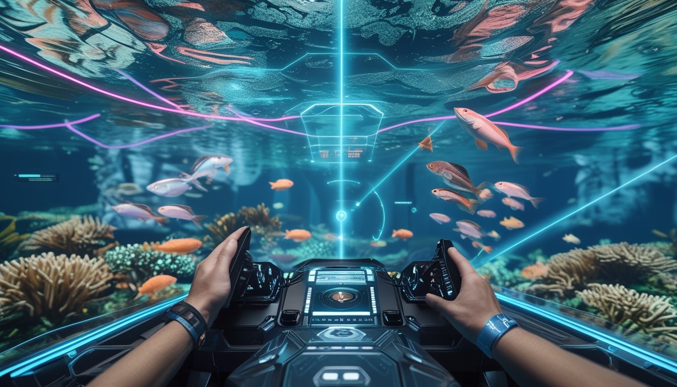 Pemain mengendalikan senjata laser untuk membidik ikan mekanis di lingkungan bawah laut futuristis.