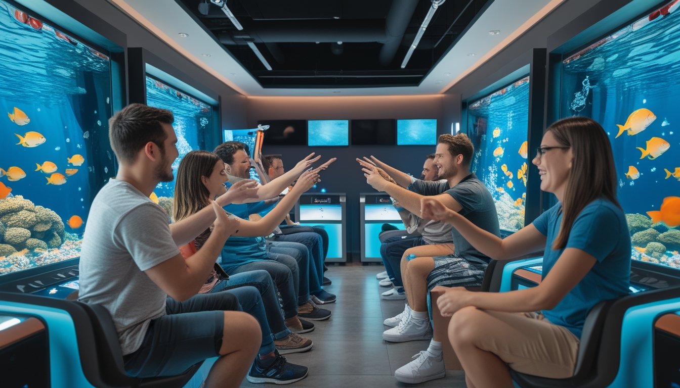 Sekelompok pemain dewasa bekerja sama memainkan permainan tembak ikan di mesin arcade.