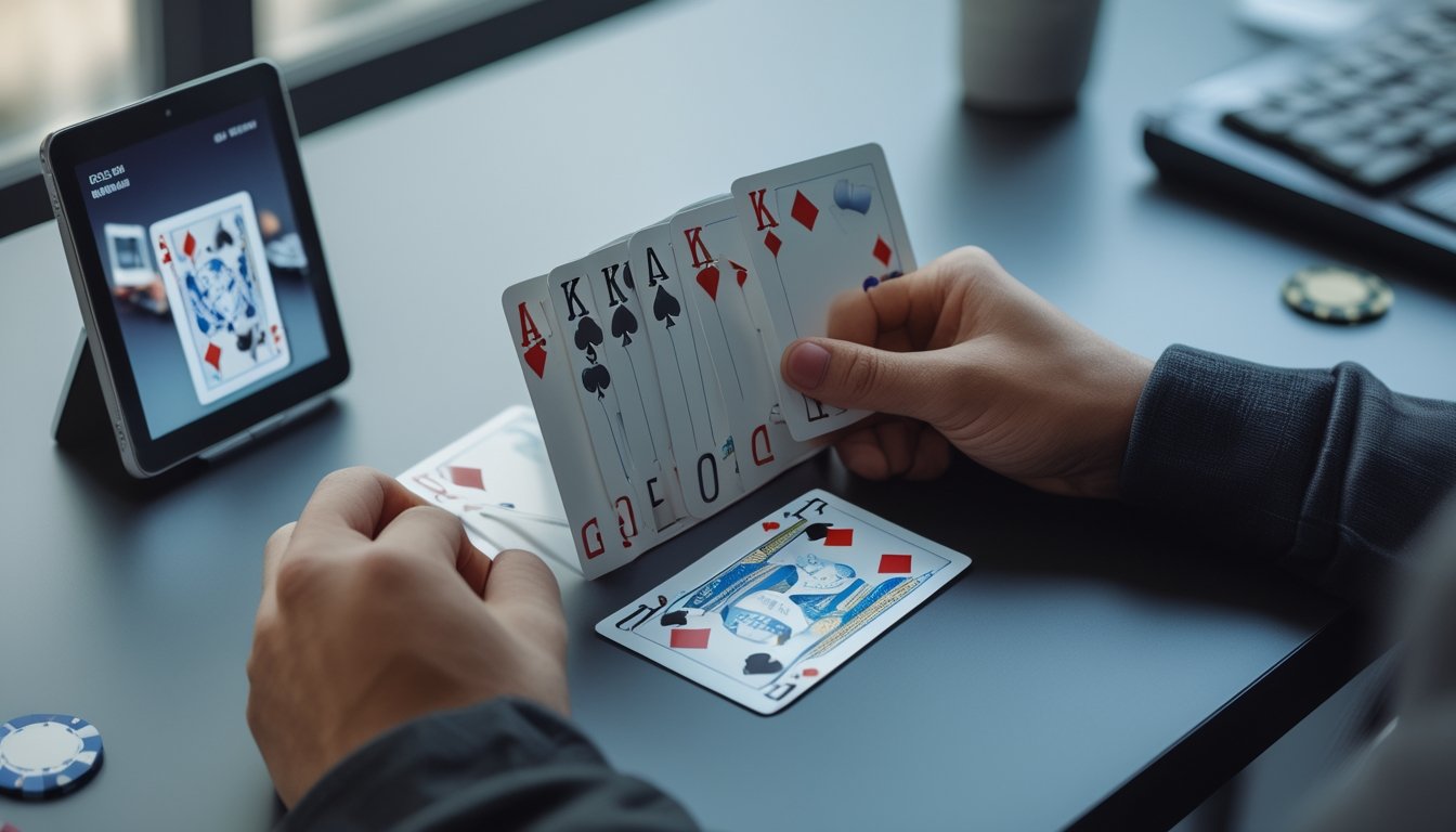 Susunan tiga kelompok kartu permainan di atas meja dengan perangkat digital yang menampilkan antarmuka permainan secara samar.