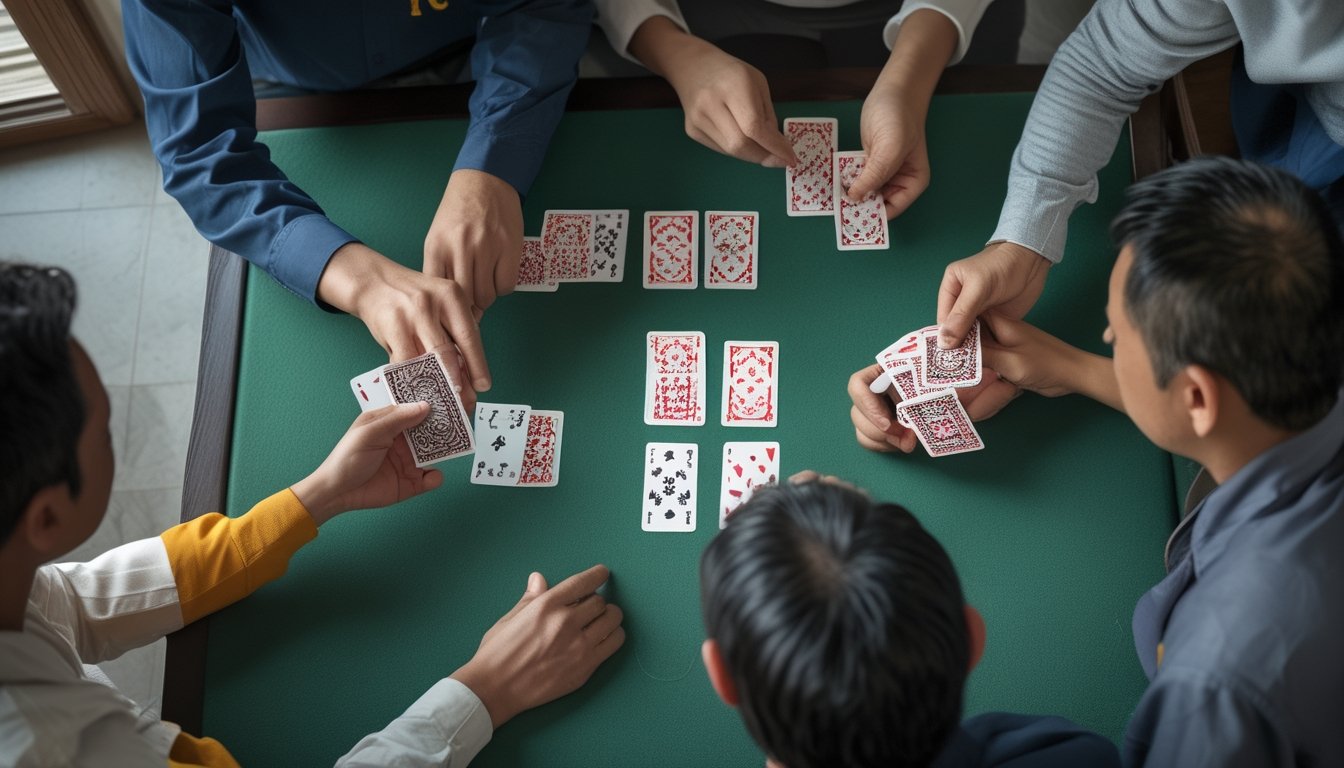 Empat orang mempelajari dan menyusun kartu remi menjadi tiga kelompok di atas meja.