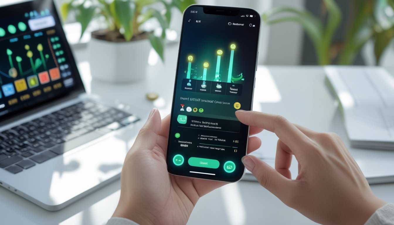 Seseorang memegang ponsel yang menampilkan permainan kartu digital dengan ilustrasi saldo dompet digital yang meningkat.
