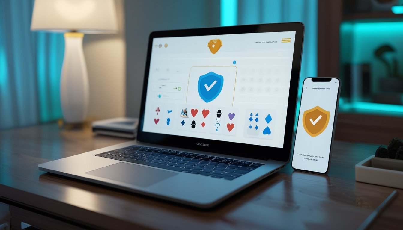Laptop dan ponsel menampilkan permainan kartu digital di meja kerja modern dengan simbol keamanan.