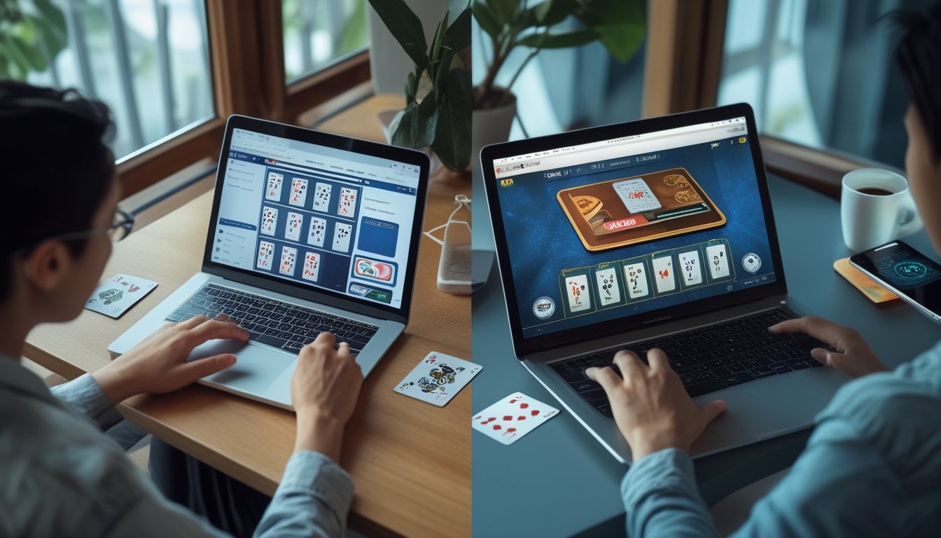 Seorang pemain melihat permainan kartu online di laptop dengan kartu dan ponsel di atas meja.