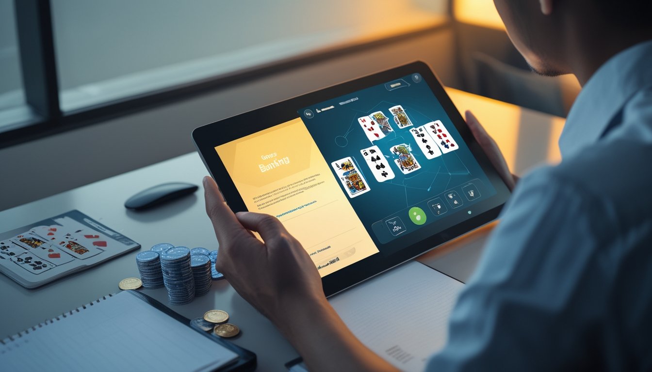 Pemain mempelajari permainan kartu digital di laptop dengan kartu dan keping permainan di atas meja.