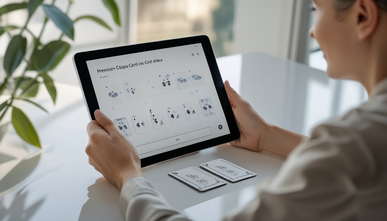 Seseorang menggunakan perangkat digital untuk bermain Capsa di meja yang rapi dan nyaman.