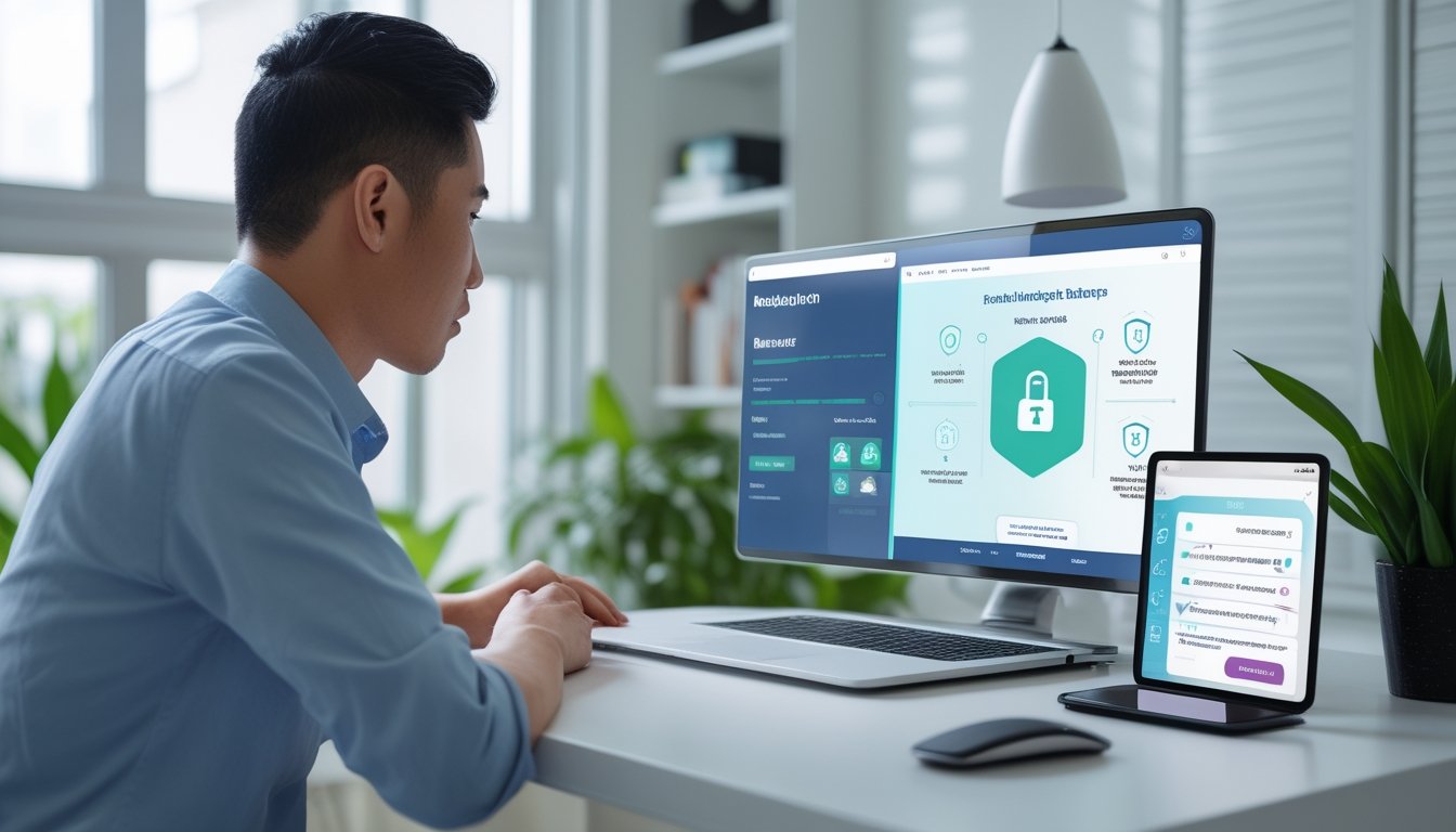Orang dewasa memeriksa platform digital yang aman di laptop dengan simbol perisai dan kunci di meja kerja modern.
