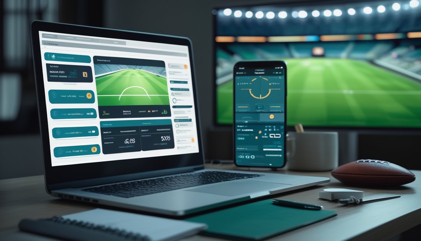Meja kerja modern dengan laptop, ponsel, buku catatan kosong, kalkulator, dan bola sepak di depan layar stadion.