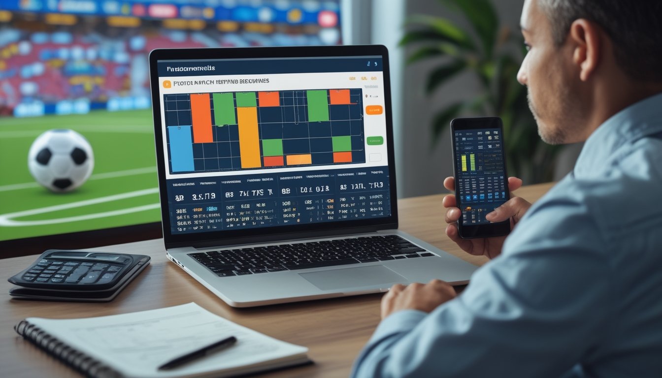 Seseorang mempelajari analisis pertandingan sepak bola melalui laptop di meja kerja.